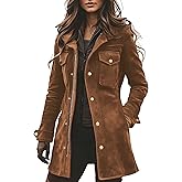 chouyatou Women's Retro Faux Suede Leather Jacket Zip Up Military Utility Safari Jacket Midi Long Shacket