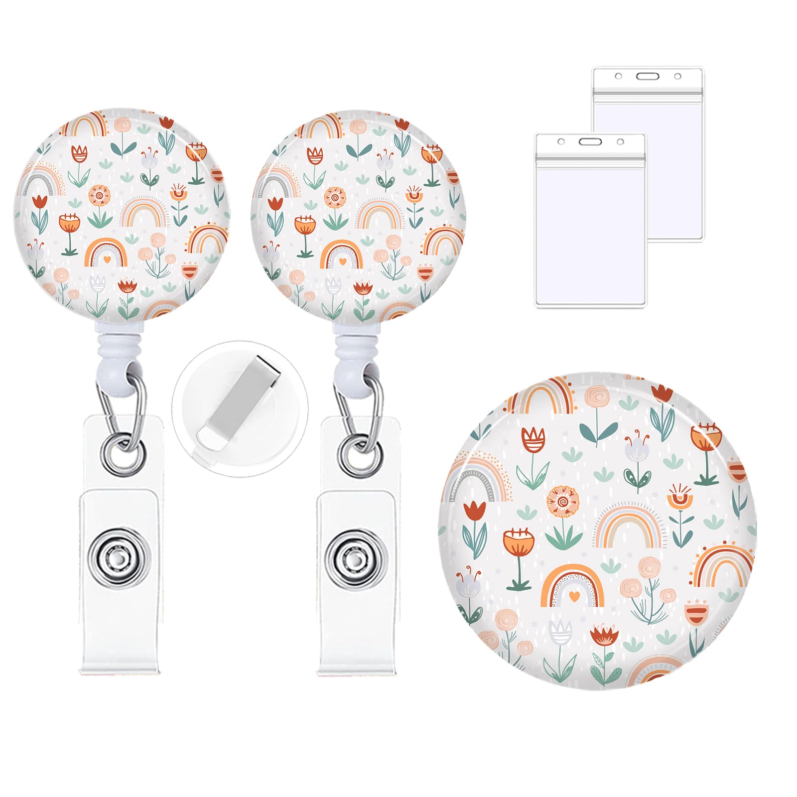 Photo 1 of 2Pcs Rainbow Flowers Badge Reels with Vertical Clear Plastic ID Card Holders (2.5" x 3.7") Retractable Name Tag ID Clip Holder Nursing Student RN Pediatric Teacher Office Work Accessories 2