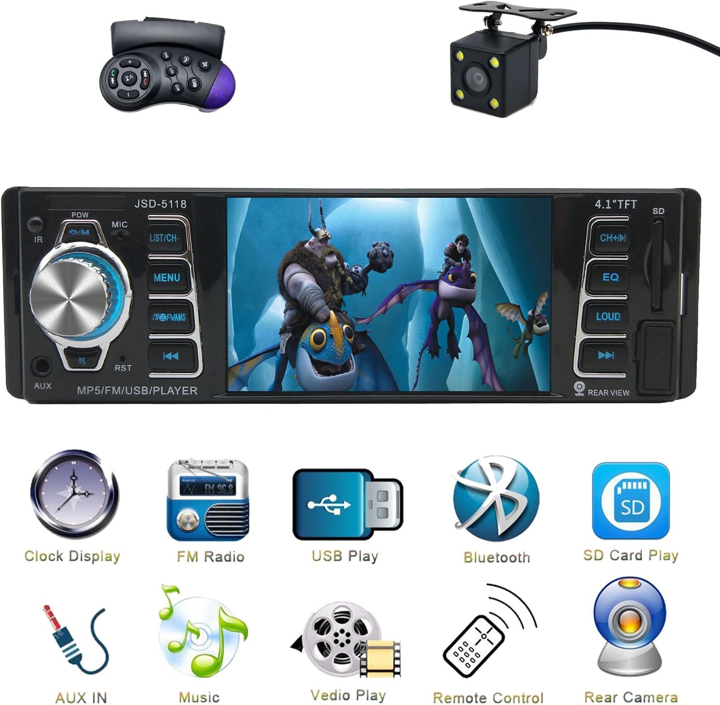 CACA Car Stereo With Bluetooth,Single Din FM Radio and MP5 Player USB/SD/AUX/FM Receiver Wireless Remote Control