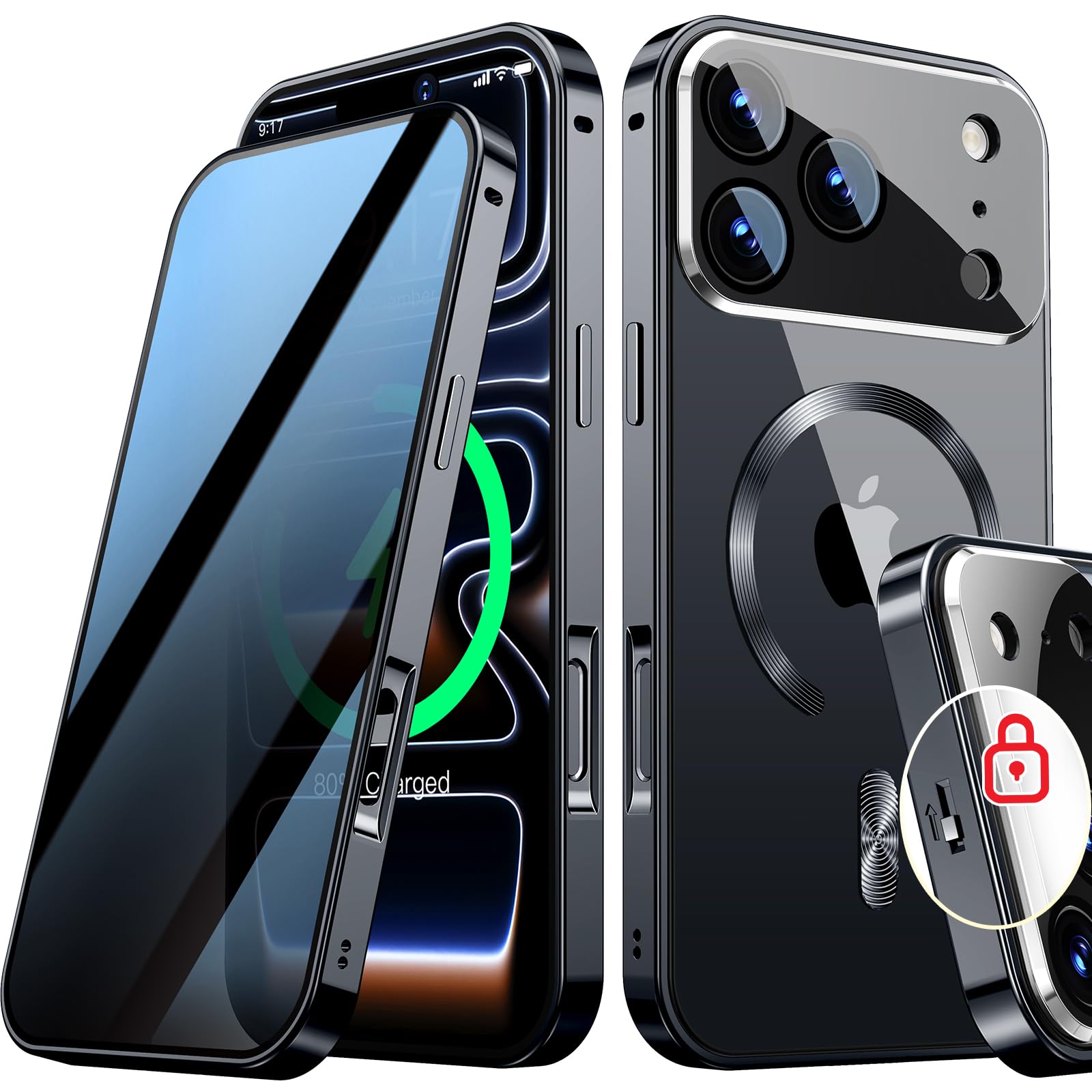 Photo 1 of [Full Camera Protection& Mechanical Lock]Magnetic Privacy Case for iPhone 17 Pro Max[Compatible with MagSafe] [CD Metal Ring]Full Body Shockproof Metal Bumper, 9H Anti Peeping Glass Cover-Black