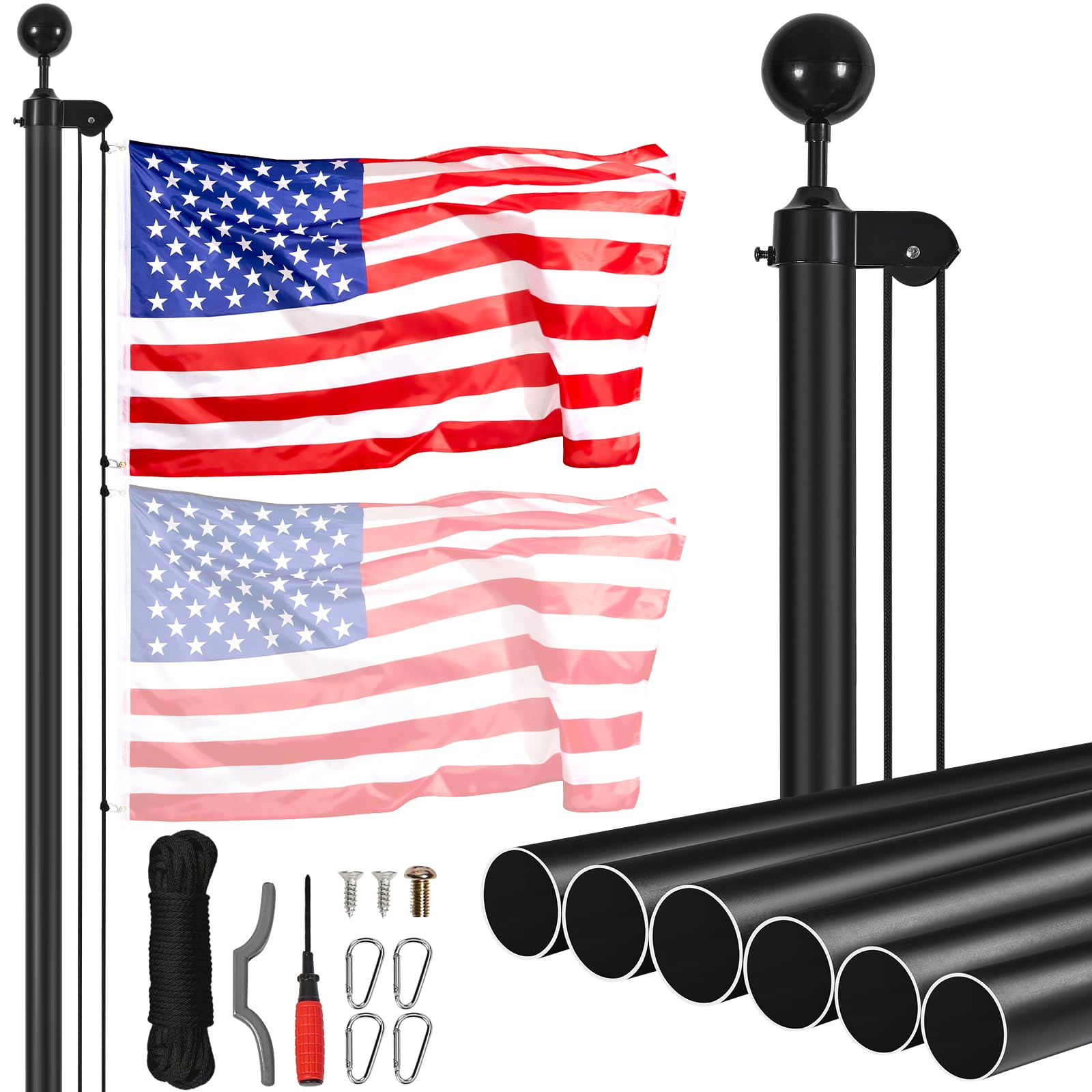Photo 1 of **DIRT**VEVOR 30 Feet Sectional Flagpole Kit, Heavy Duty Aluminum Alloy Flag Poles for Outside House in Ground, 3 Display Modes with 3x5 American Flag, Professional Accessories, Black