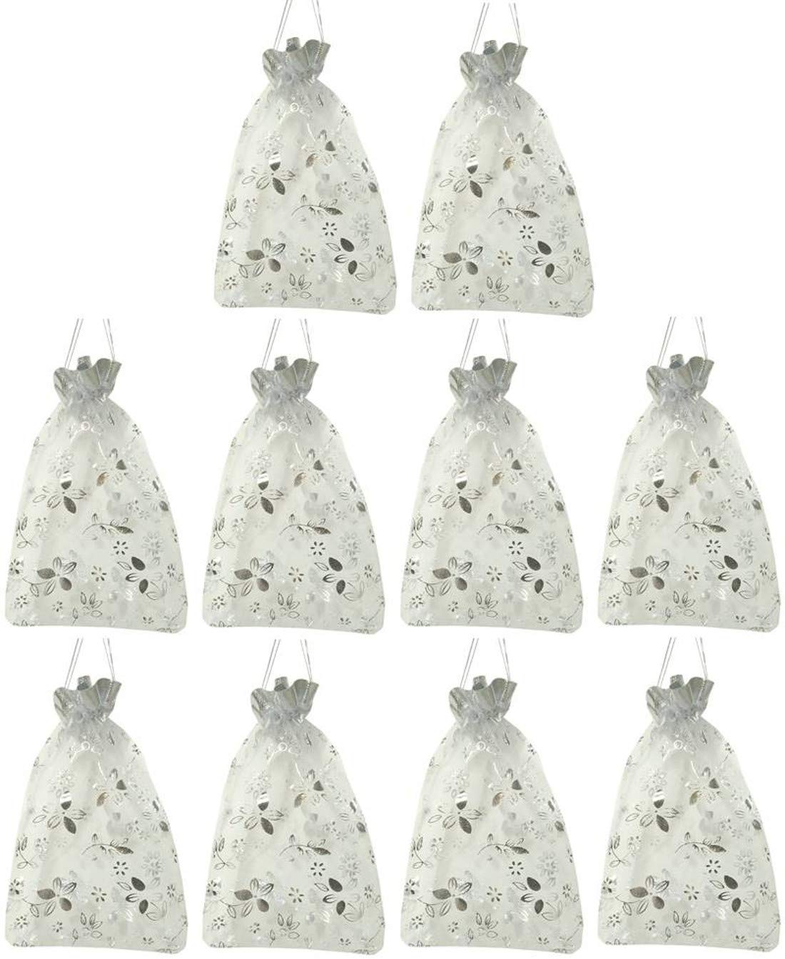 Purpledip Polyester Net Brocade Gift Pouch, Silver, 9 Inches: Pack of 10 Potli Gift Bags (12081A)