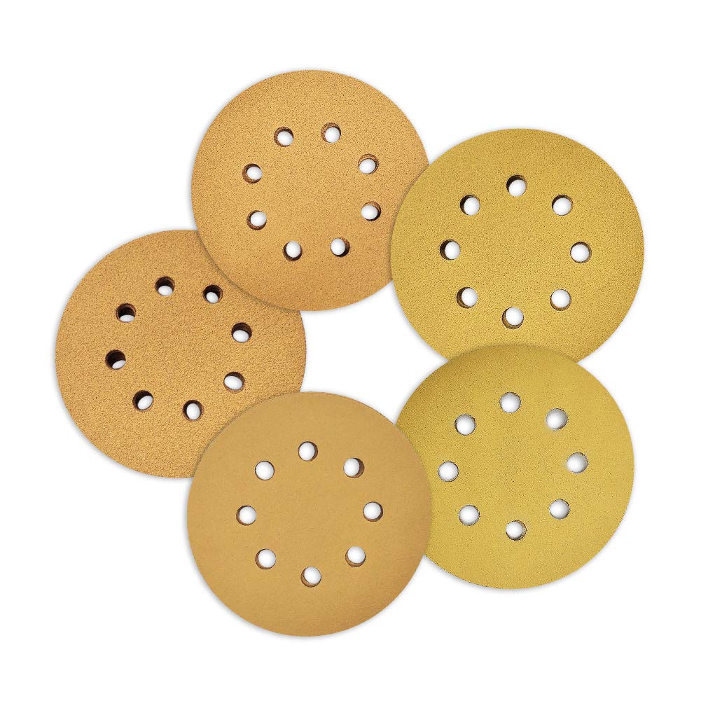 SPEEDWOX 100 Pcs 5 Inches 8 Hole Sanding Discs Assortment 20 Discs Each of 60 80 120 150 240 Assorted Grits Dustless Hook and Loop Sandpaper Yellow Finishing Discs for Automotive Variety Pack