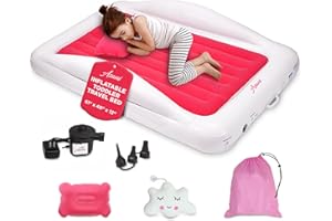 Asani Inflatable Toddler Travel Bed with Electric Pump, Leakproof Air Mattress w/Reinforced Protective Bumpers, Includes Carry Case and Pillow, Fits Kids Up to 4ft, for Camping & Sleepovers (Pink)