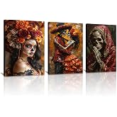 BAOYILONG Day of the Dead Canvas Wall Art 3 Pieces Sugar Skull Girls Posters Mexican Festival Picture Printing Frame for Living Room Home Decor (WE117-1, 12W x16H x3pcs, Framed)