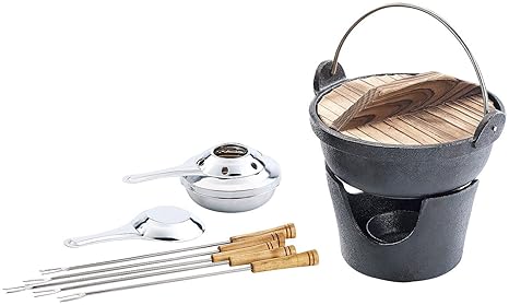 Rosenstein & Söhne Spiritusbrenner Fondue: Antik Asiatisches Gusseisen Fondue-Set mit Spiritus-Brenner (Fleischfondue-Sets)