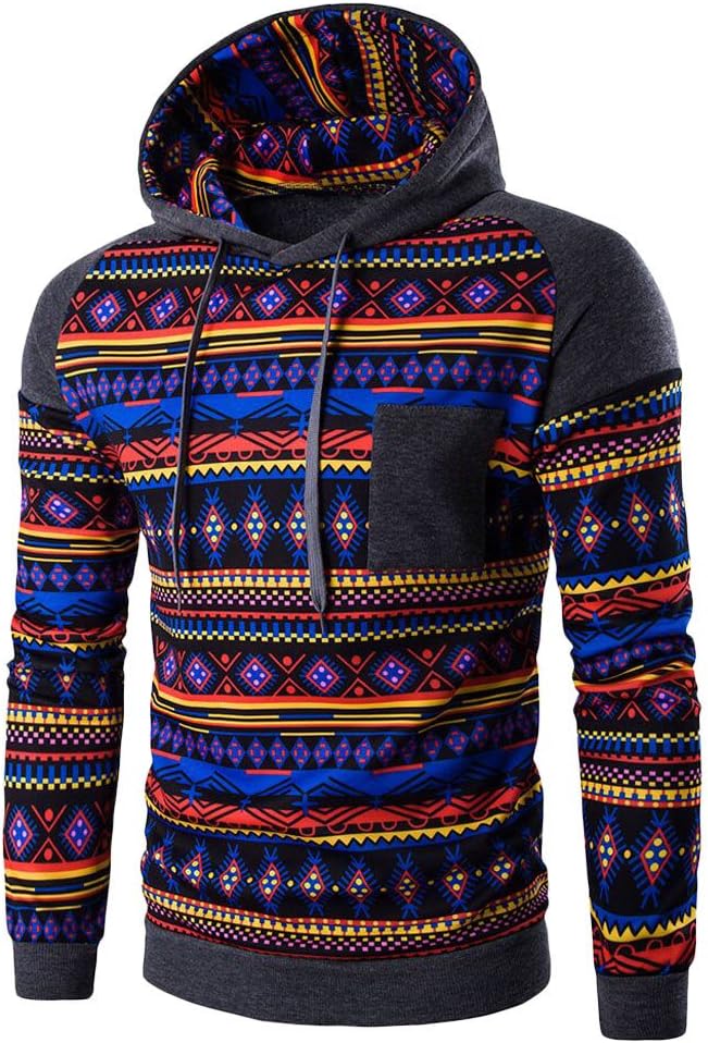 Permalow Men's Bohemia Retro Long Sleeve Hoodie Hooded Sweatshirt Tops (L)