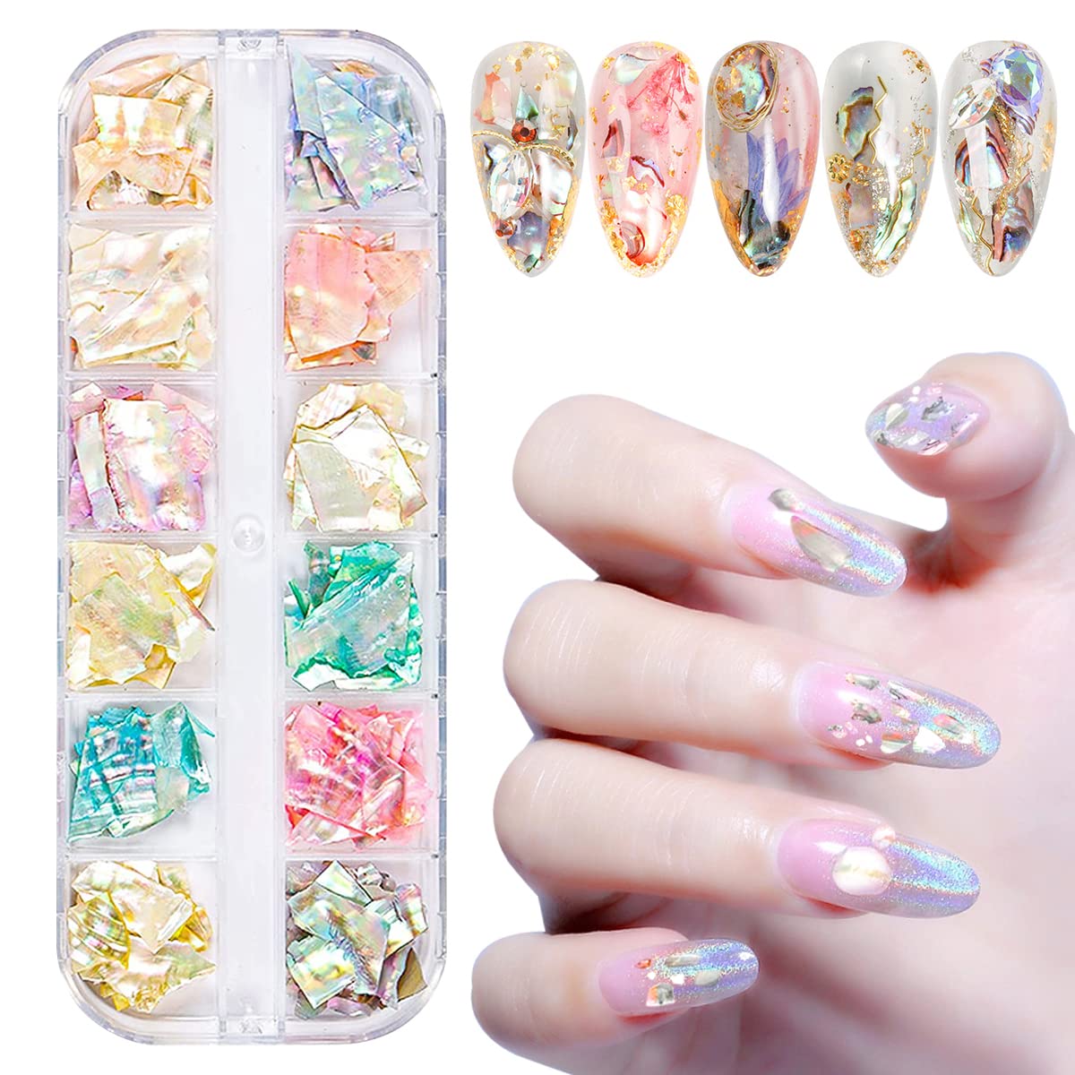 Nail Art Shell Flakes - Abalone Seashell Slices for DIY Manicure, 12 Grids/Box (Shell Pieces B)
