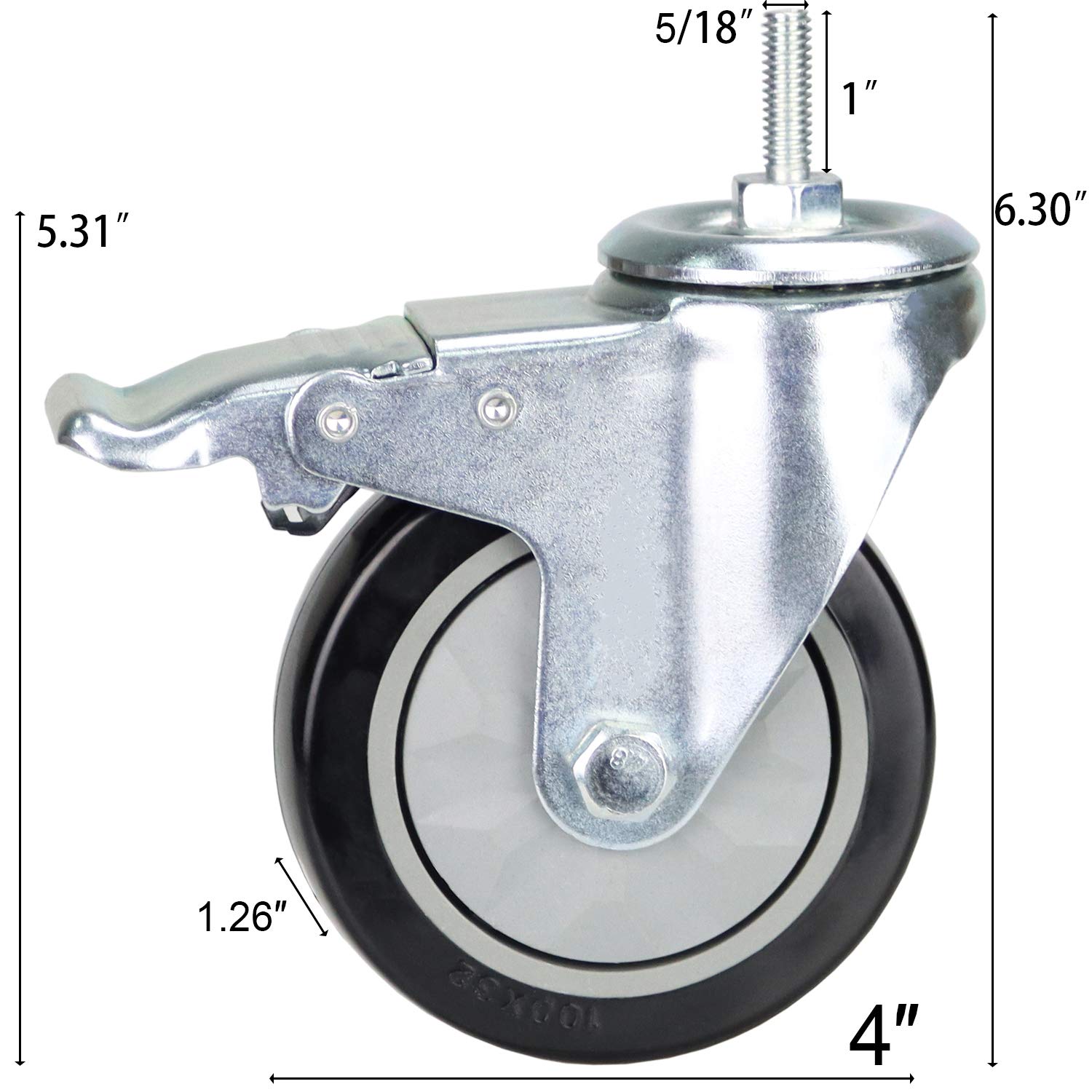 YEEMIGO 4 Inch Threaded Stem Mount Industrial Casters Unified National Coarse UNC 5/16"-18x1" Locking Metal Swivel Wheel Castors for Carts, Furniture, Dolly, Workbench, Trolley: Industrial & Scientific
