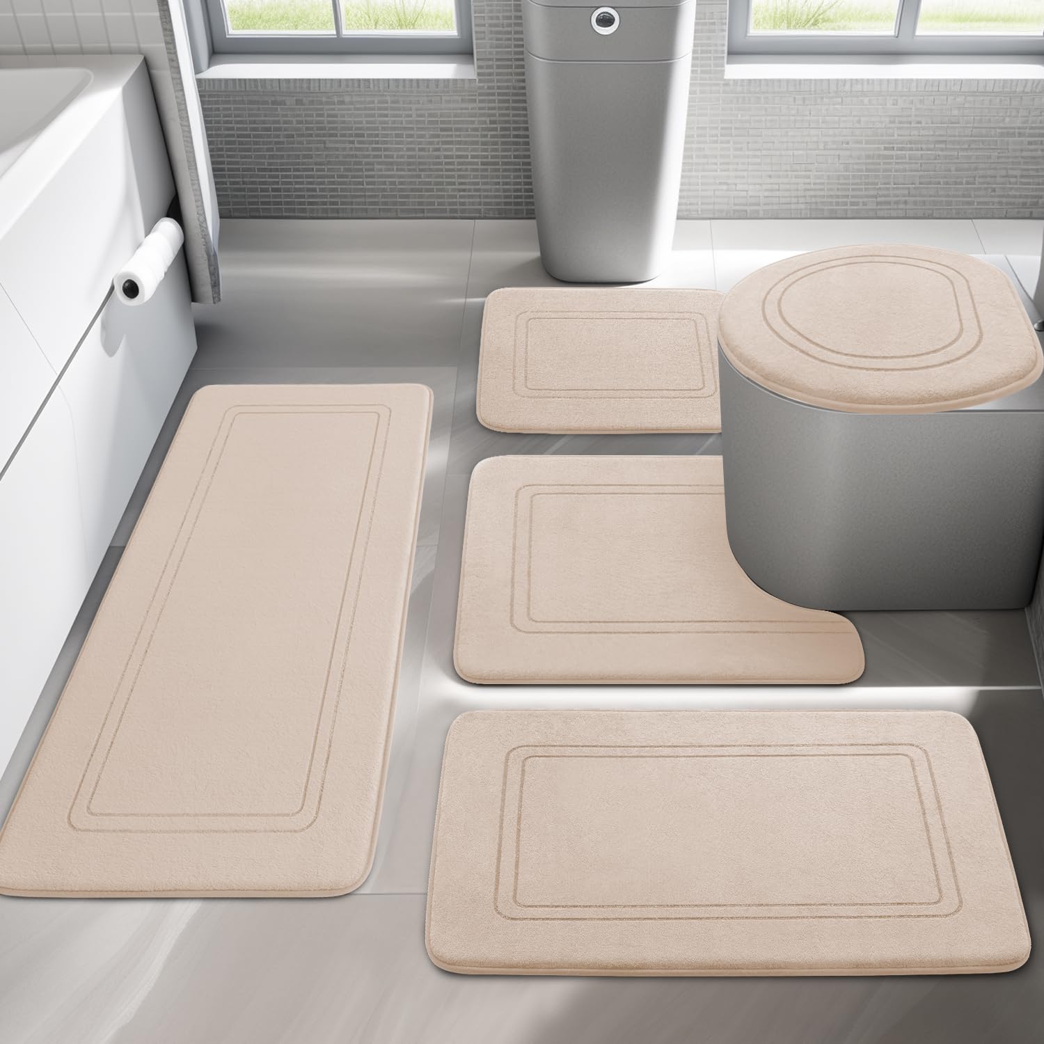 chakme Bathroom Rug Set, 5 Pieces, Soft Memory Foam Bath Mat and U-Shaped Toilet Mat, Bath Mat, Non-Slip Washable Bath Mat Set, Beige