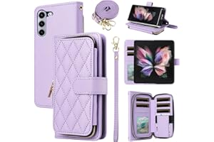 Furiet Argyle Wallet Case for Samsung Galaxy Z Fold 6 5G 2024 with Wrist Strap Shoulder Strap Card Slot Zipper Purse Luxury PU Leather Stand Cell Phone Cover for ZFold6 Z6 G Fold6 6Z Girls Purple