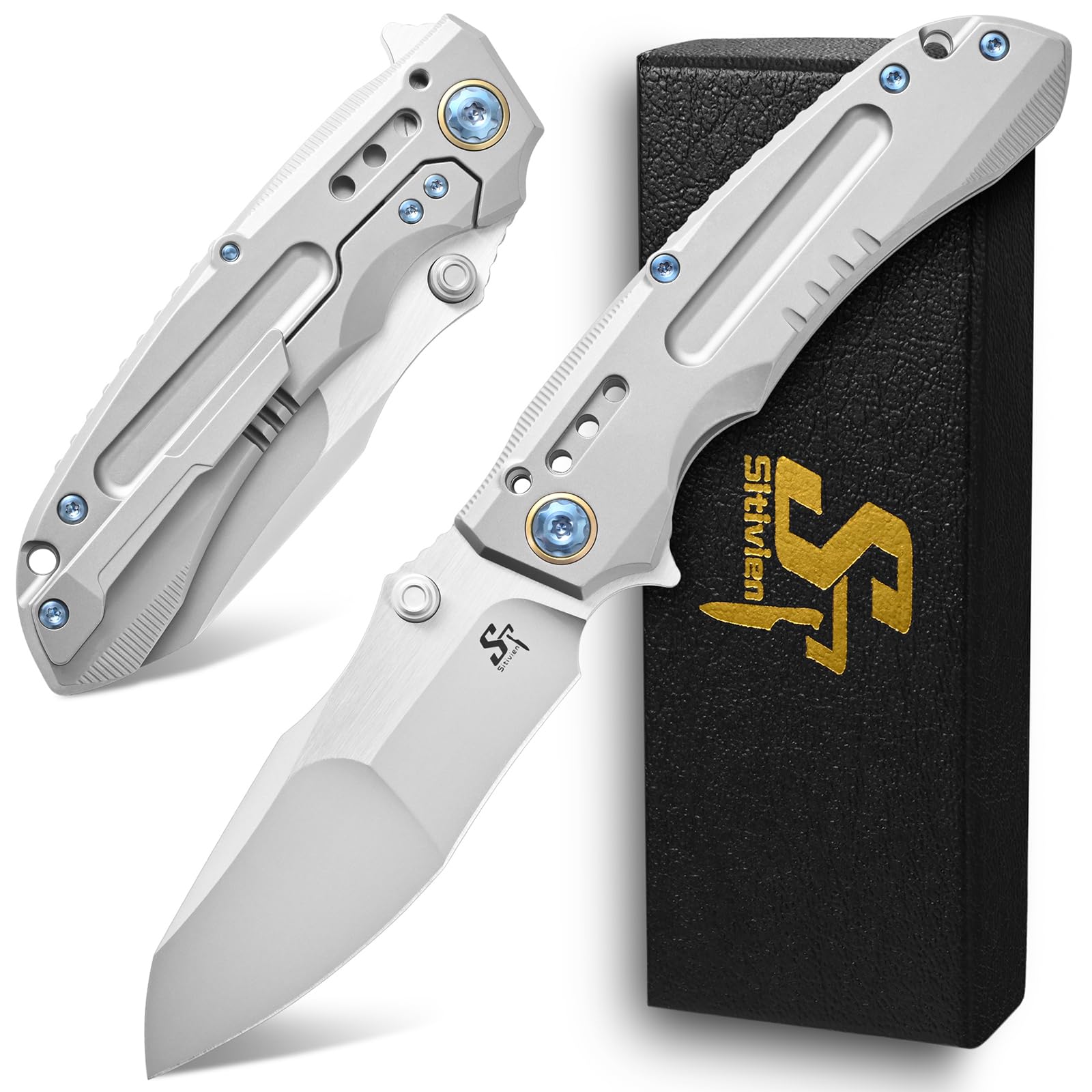 Photo 1 of Sitivien ST991 Folding Knife, M390 Pearlescent Polishing Steel Blade Titanium Handle with Ball Bearing for Men Women Outdoor Camping, Hiking, Survival (Silver)