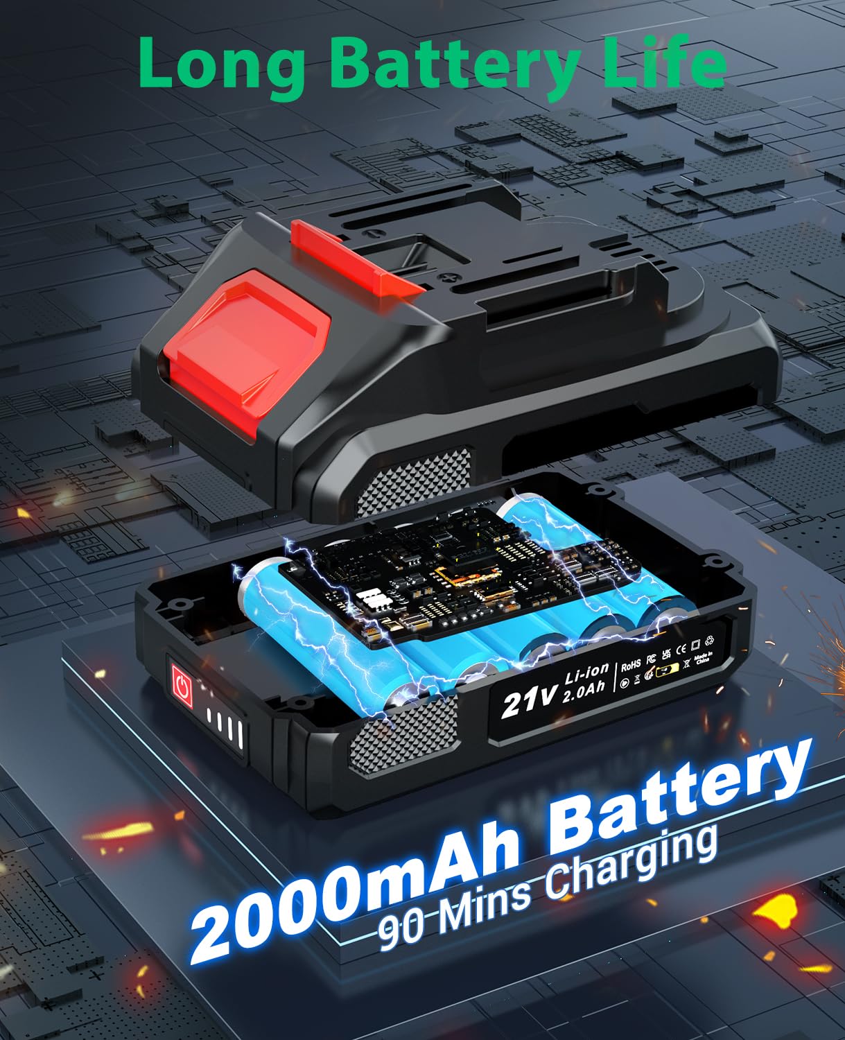 Akkuschrauber Bürstenlos 21V, CEEIGOO Akku Bohrschrauber mit Akku 2000mAh, 42N.m Akku Bohrmaschine, 2 Gang, 18+1 Drehmomentstufen, LED Licht, 20 tlg Zubehöre Set für Haus und Garten DIY Projekt 3