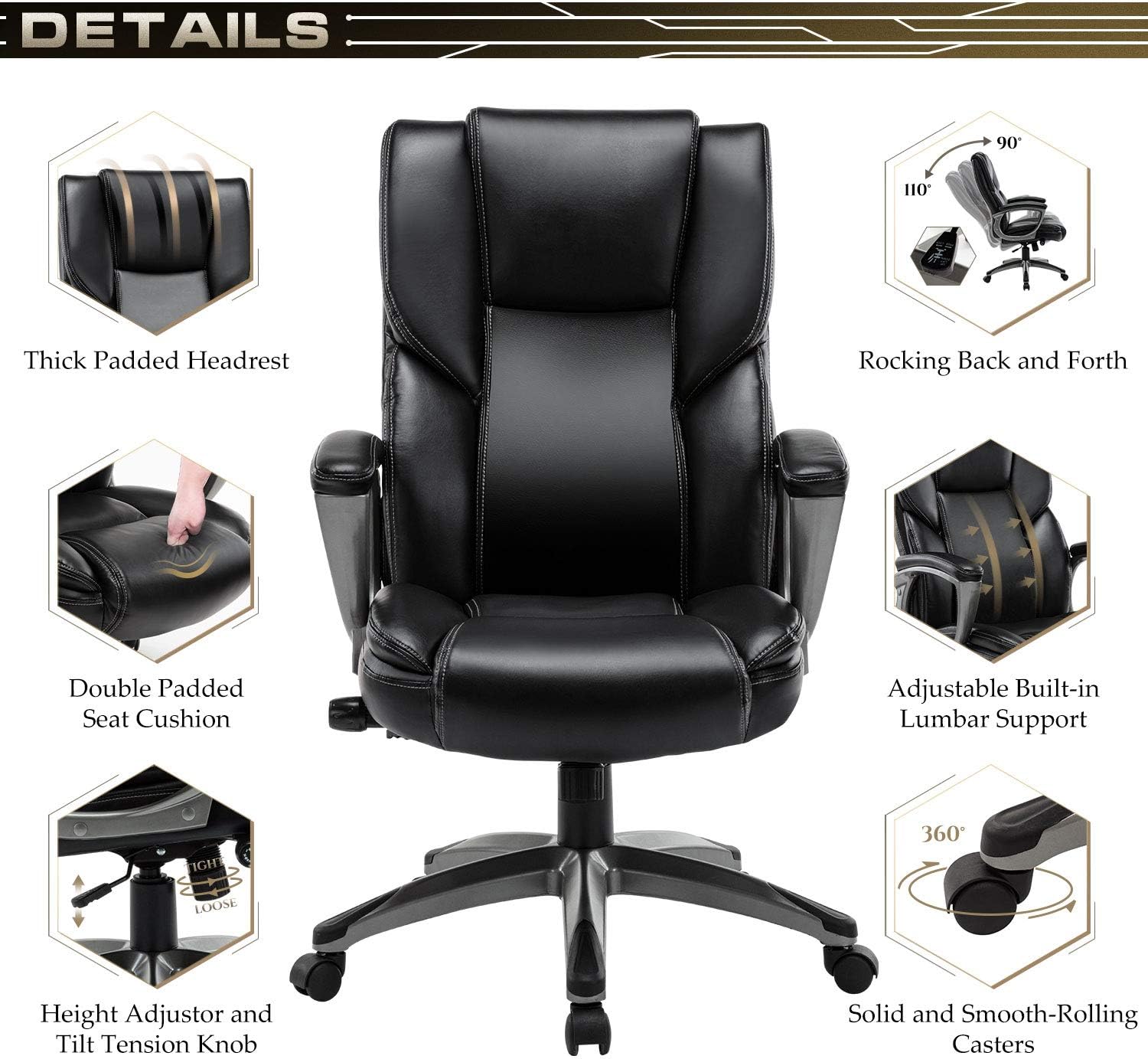 STARSPACE Bonded Leather Office Chair - Adjustable Lumbar Support Knob and Tilt Angle High Back Executive Computer Desk Chair, built-in inner spring For Comfort and Ergonomic Design For Lumbar Support: Office Products