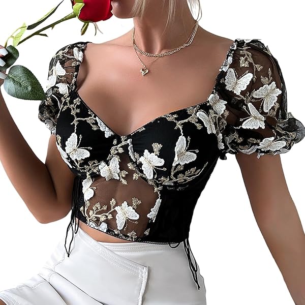 Women's Embroidered Butterfly Crop Tops Sheer Mesh Puffy