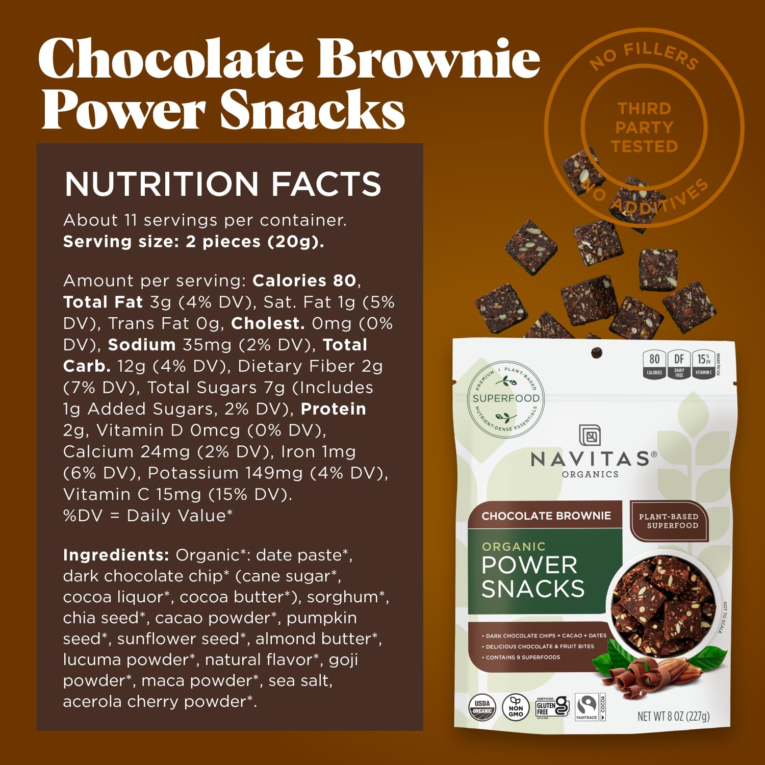 Navitas Organics Chocolate Brownie Superfood+ BITES – Power Snacks – All Natural Plant Based – Clean Energy & Nutrition – USDA Organic, Non GMO, Gluten Free, Kosher, Vegan (8oz. Bag 11 Servings)