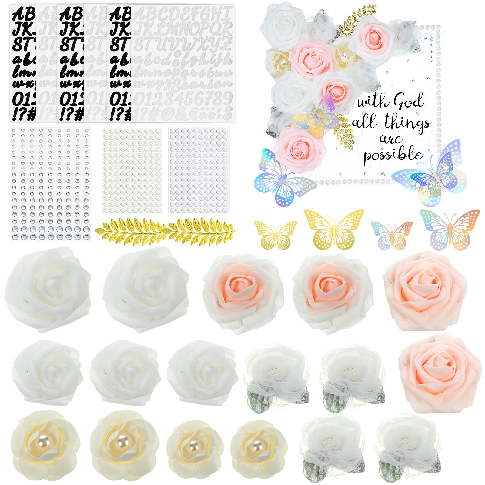 Photo 1 of Solsew Graduation Cap Decorations Kit Grad Cap Topper DIY Set Included Artificial Flower, Glitter Laser Butterfly Stickers Leaves Accessory for Graduation 2025 Wreath Art(White)