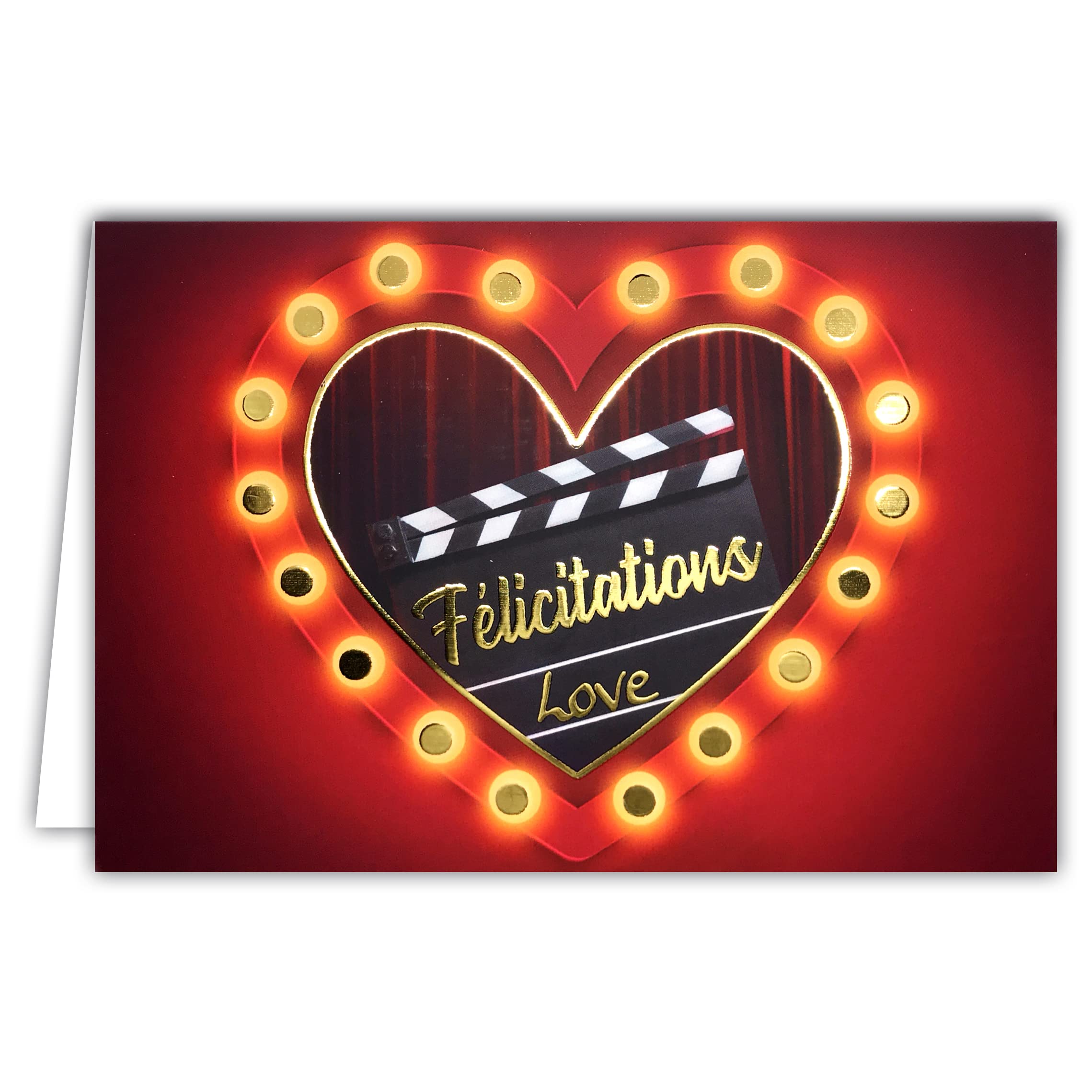 AFIE 69-5146 Congratulations Couple Love Heart Red and Gold Shiny Lights Cinema Clap Filming Film Wedding Anniversary PACS Horizontal Format with White Envelope 17.5 x 12 cm
