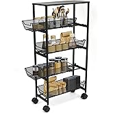 IBERG 5-Tier Slim Storage Cart with Wheels, Rolling Utility Cart with 4 Pull-Out Mesh Baskets for Kitchen, Bathroom & Laundry (Black)