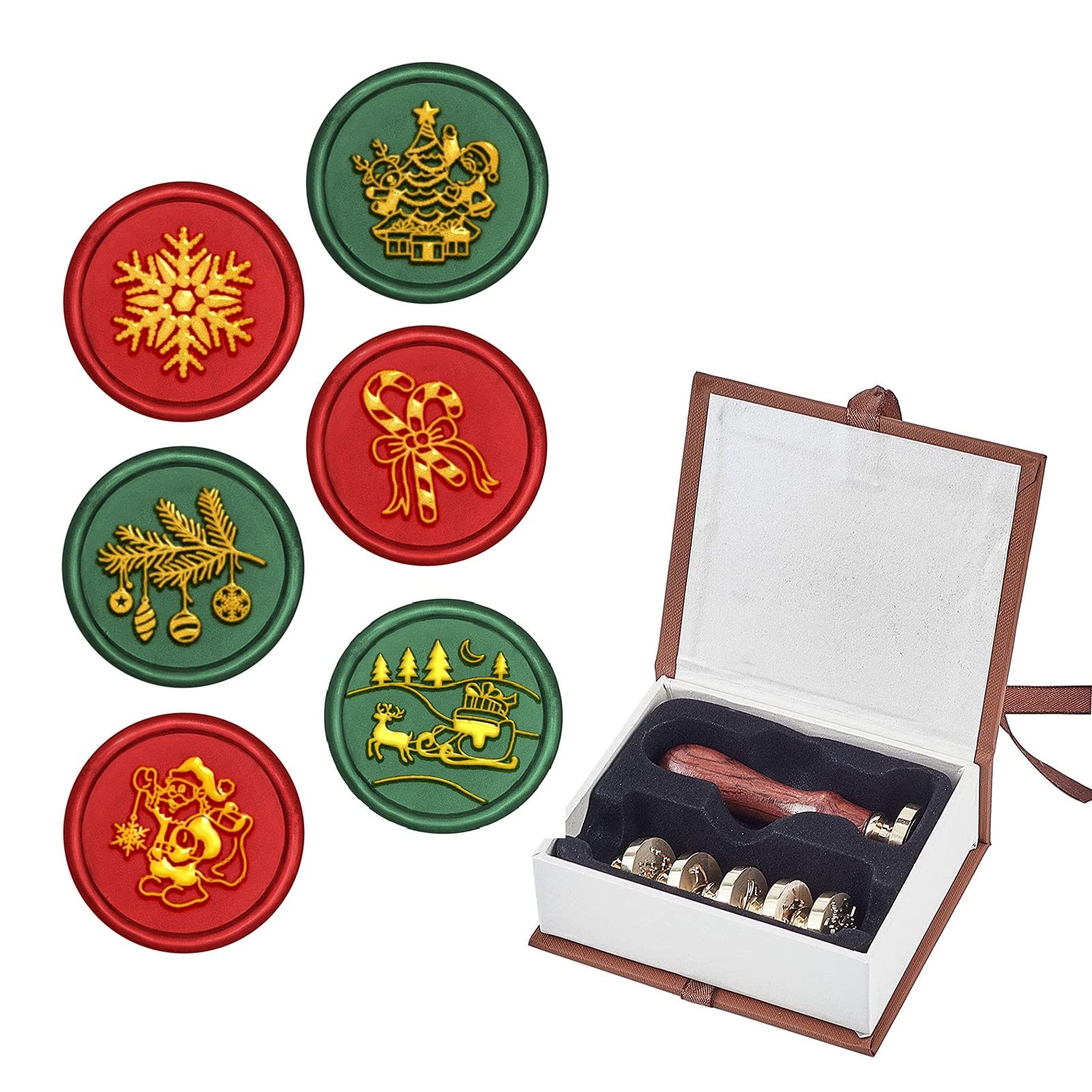 CRASPIRE Christmas Wax Seal Stamp Set, 6 Pieces Removable Sealing Brass Stamp Head with 1PCS Wood Handle for Envelope Postcard Label Wedding Invitation Embellishment
