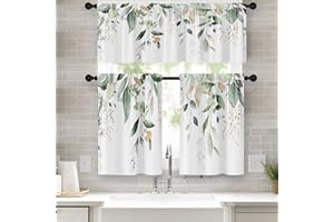 Emvency Spring Leaves Kitchen Window Curtains Valance and Tier Set 36 Inch, Green Eucalyptus Leaves 3 Piece Set Short Curtains, Summer Window Treatment Tiers for Living Room Bedroom