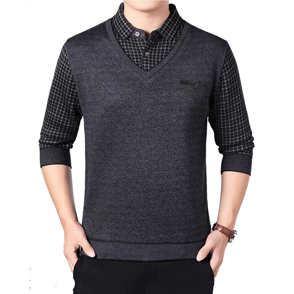 Mens Fake Two Knitted Jumper with Mock Shirt Collar Casual Business