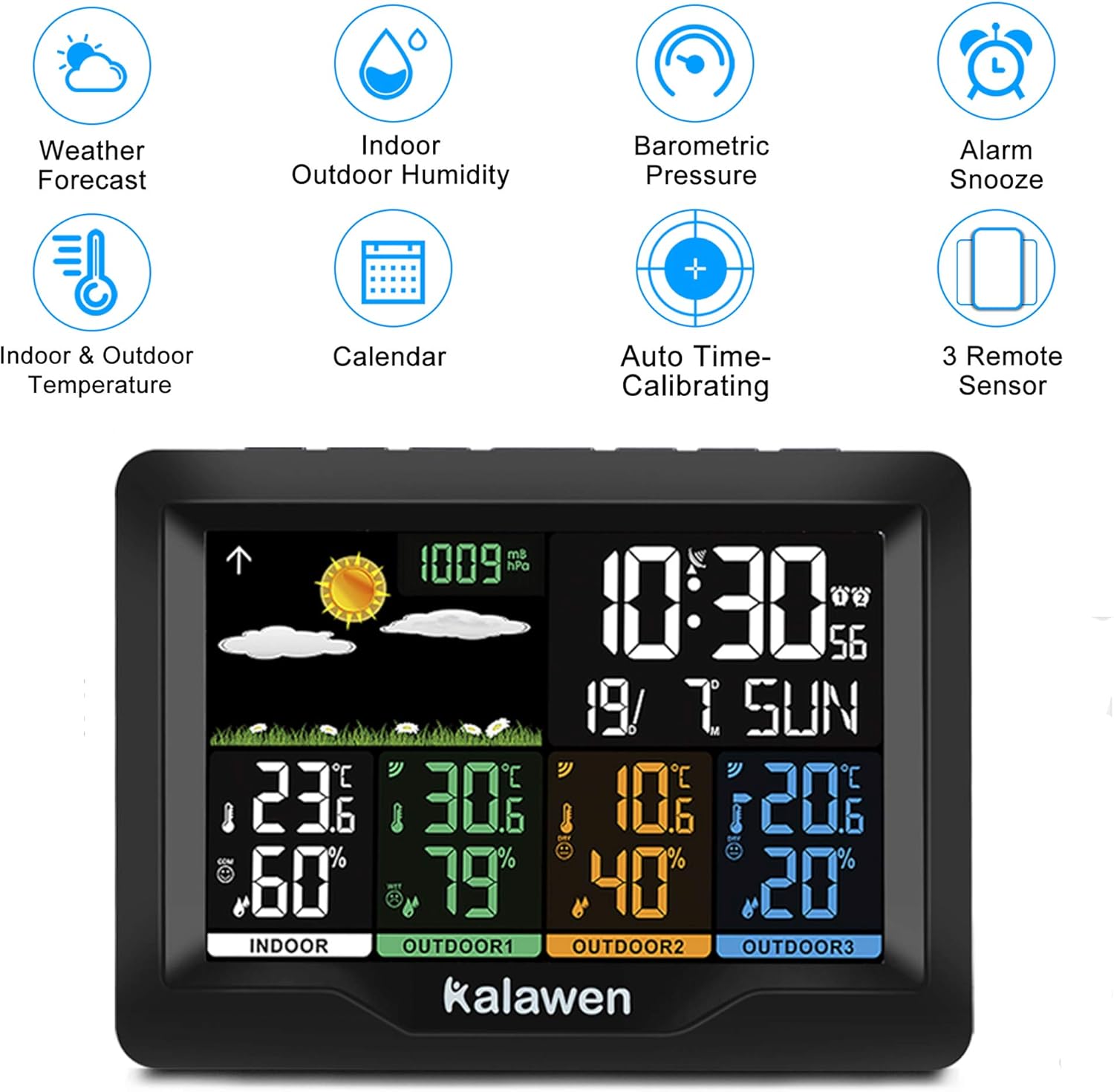 Kalawen Weather Station Wireless Indoor Outdoor Thermometer Multiple Sensors, Color Display Digital Weather Forecast Stations Thermometer with Alarm Clock, Humidity Temperature Monitor Barometer : Garden & Outdoor