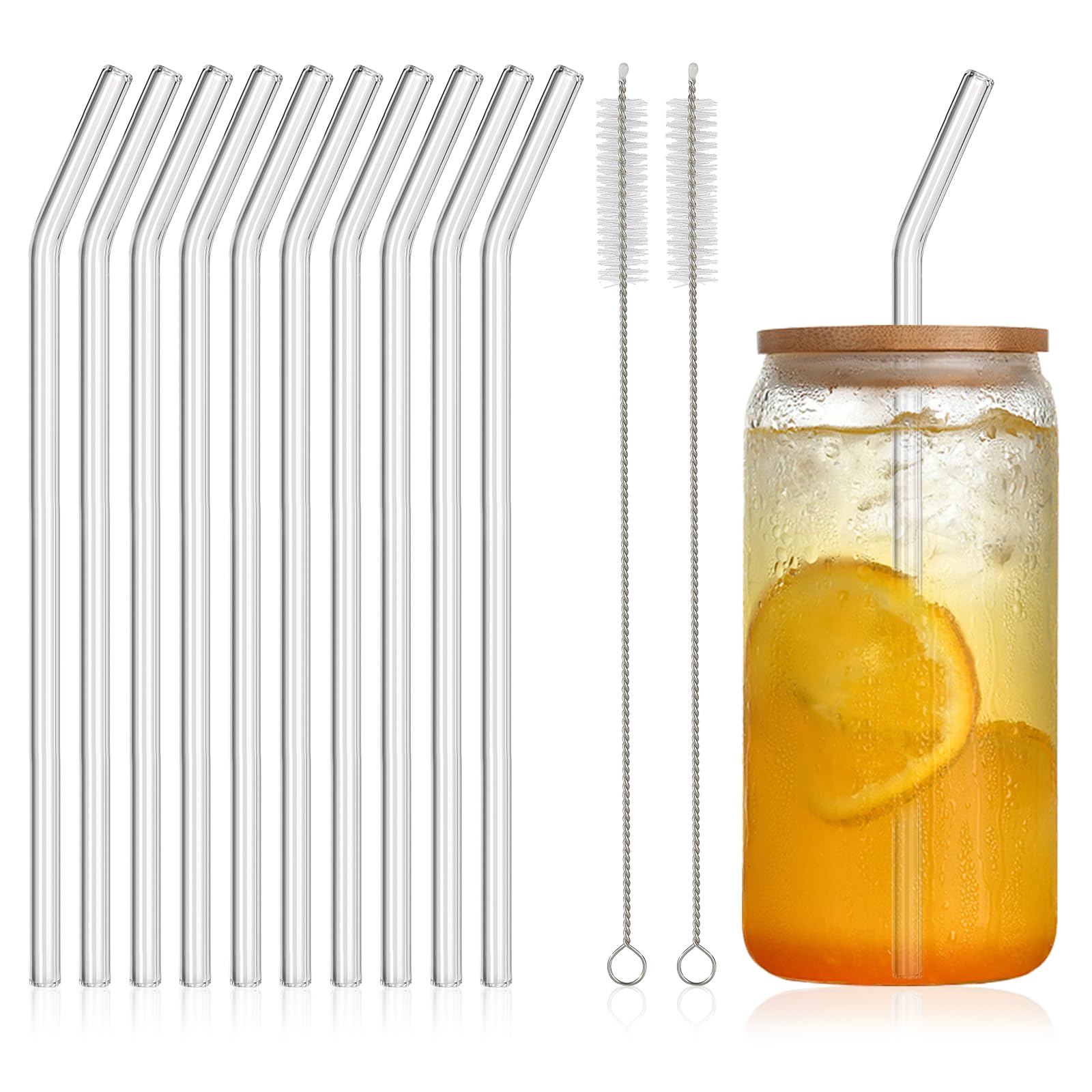 Photo 1 of [10 Pcs] Reusable Clear Bent Glass Straws - 9" x 8 mm Glass Straws Shatter Resistant With 2 Cleaning Brushes for 16&20oz Glasses Cups