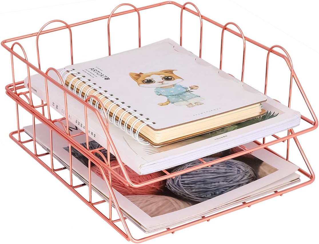 superbpagSet of 2 Office Supplies Metal Stackable Document Organizer Office Desktop File Paper Holder Book Storage Rack, Rose Gold