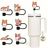 Corgi Straw Topper, 6 Pcs With 1 Keychain Cute Corgi Straw Toppers Covers For Stanley Cup, Corgi Accessories, 10mm Silicone Cover Gifts For Women, Girls, Boys Birthday