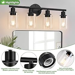 4-Light Bathroom Light Fixtures, Matte Black Modern