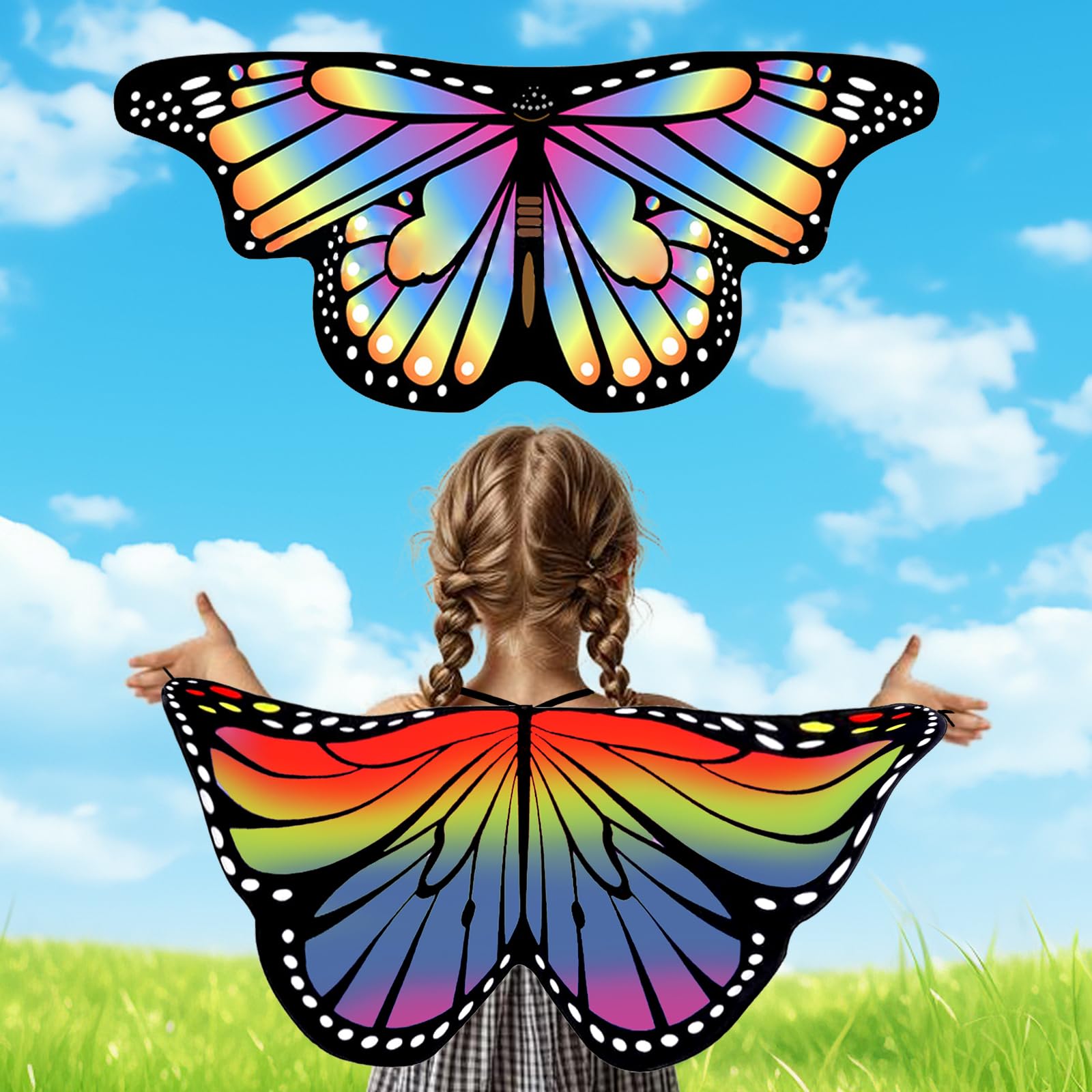 SwirlColor Butterfly Wings Kids 2pcs, Butterfly Costume Kids Colorful Kid Wings Cape Girls Dress up for Fancy Party Halloween Carnival Cosplay 5-10 Years Old