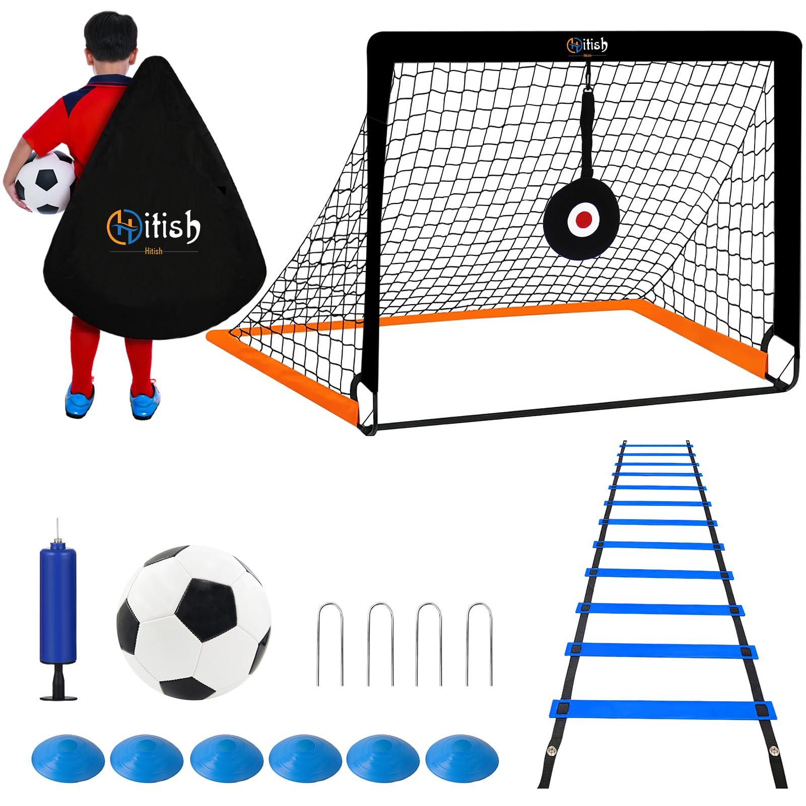 Kids Football Goal with Training Equipment - Pop Up Collapsible Football Net Set with Ball, Speed Agility Ladder, Cones and Target - Outdoor Garden Soccer Game Toy Gift for Boy Girls Junior Age 3-14