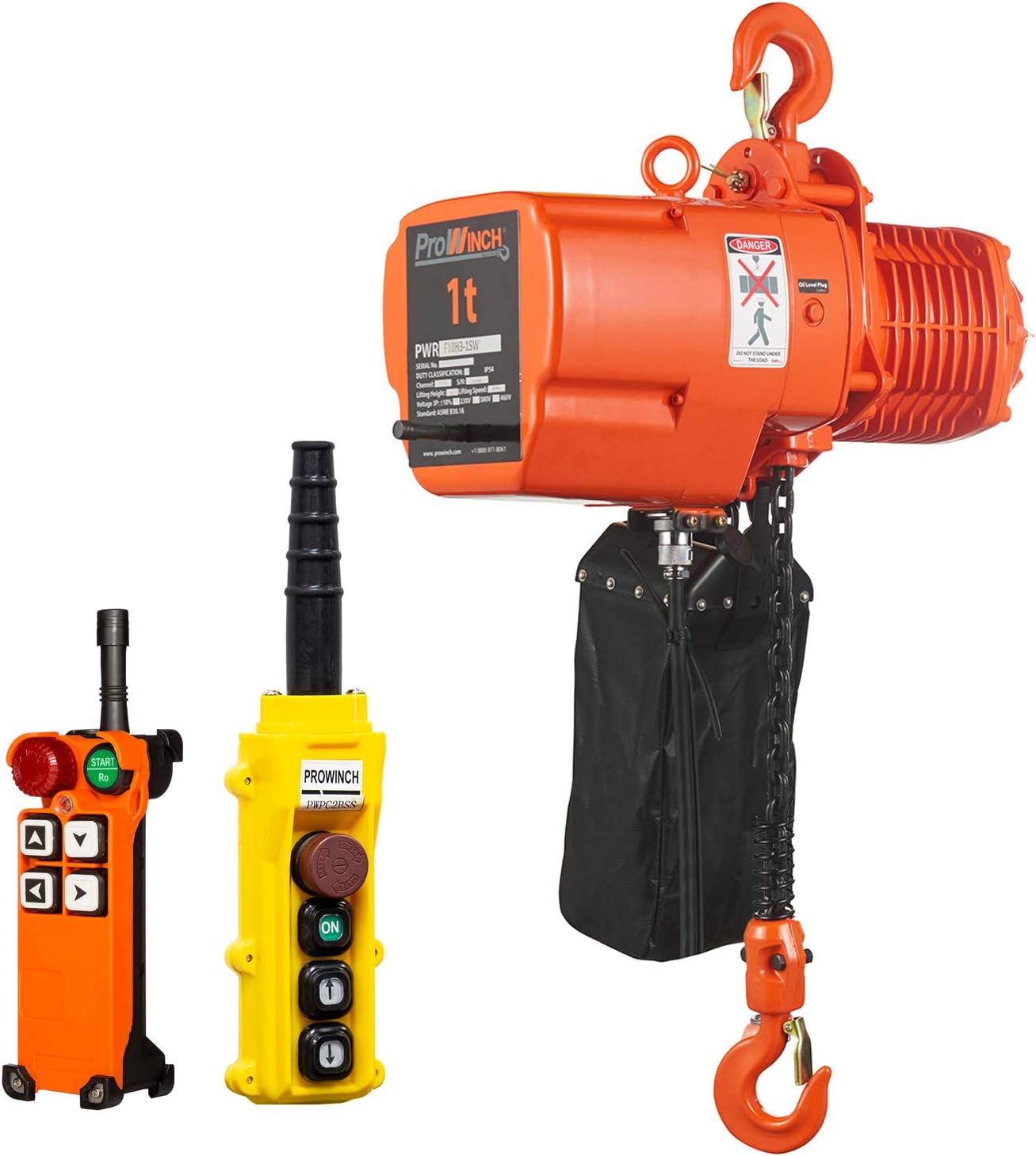 Prowinch 1 Ton Electric Chain Hoist Wireless 2000 lbs Capacity 20ft Lifting Height G100 Chain Water Resistant Pendant Control M4/H3 Duty Cycle 3 Phase 240/460V