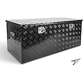 BLACKHORSE-RACING 48 Inch Aluminum Truck Tool Box,Storage Box Black | Heavy Duty Stripes Plated Tool Box with Lock and Keys,Side Handle for Easy Carry,Fits Truck Bed RV Trailer-48x19.5x17.5