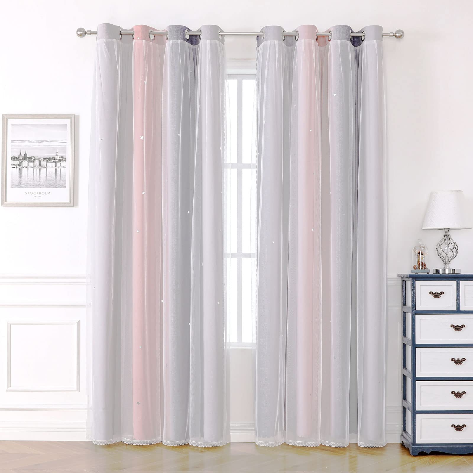 KAHEAUM Blackout Curtains for Living Room & Bedroom - 2 Panels, 52 x 54 inch Drop, White Voile Net & Thermal Curtains for Winter, Star Pink & Grey