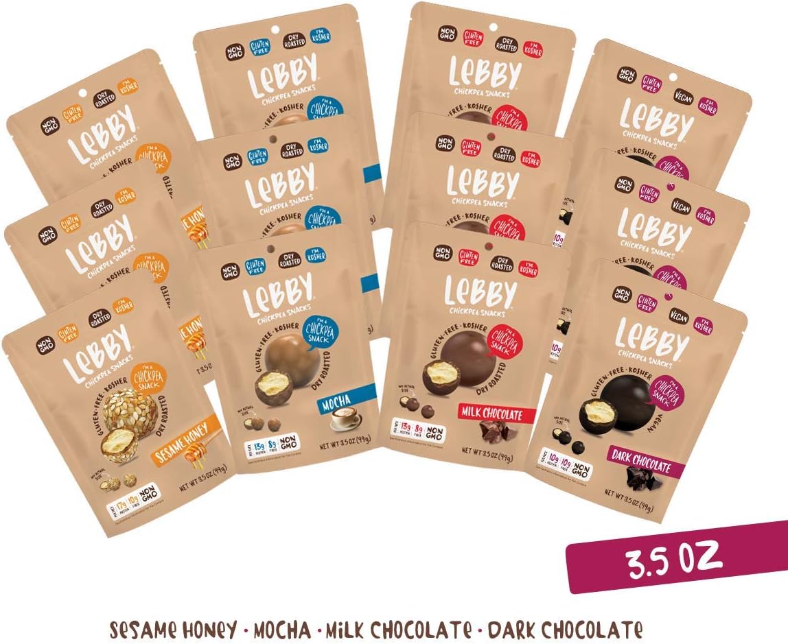 LEBBY SNACKS Healthy Sweet Snack Variety Pack. Dry Roasted Chickpeas coated in 4 flavors: Dark Chocolate, Milk Chocolate, Mocha & Sesame. Gluten Free Healthy Candy for Adults (3.5 oz, 12 pack)