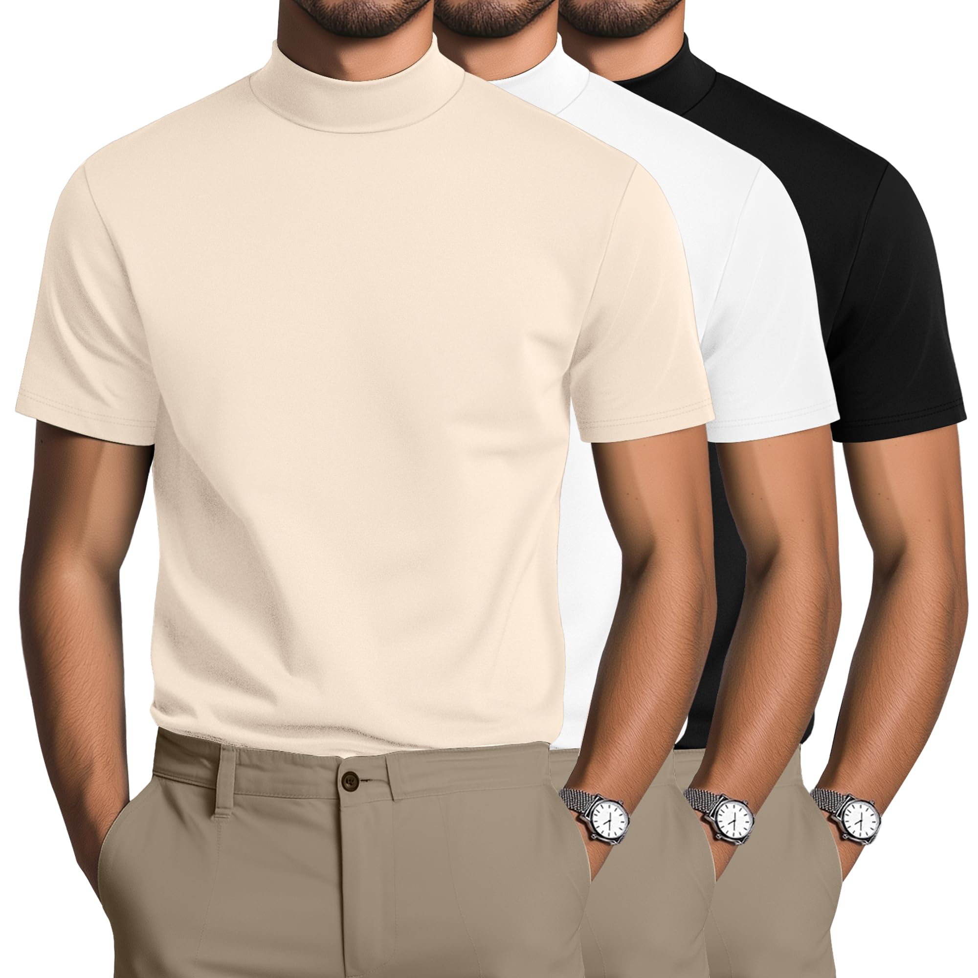 Photo 1 of August Alley 3 Pack Men's Mock Neck T Shirts Short Sleeve Turtleneck Pullover Tops Casual Slim Fit Summer Basic Tees(Apricot, White, Black,X-Large)