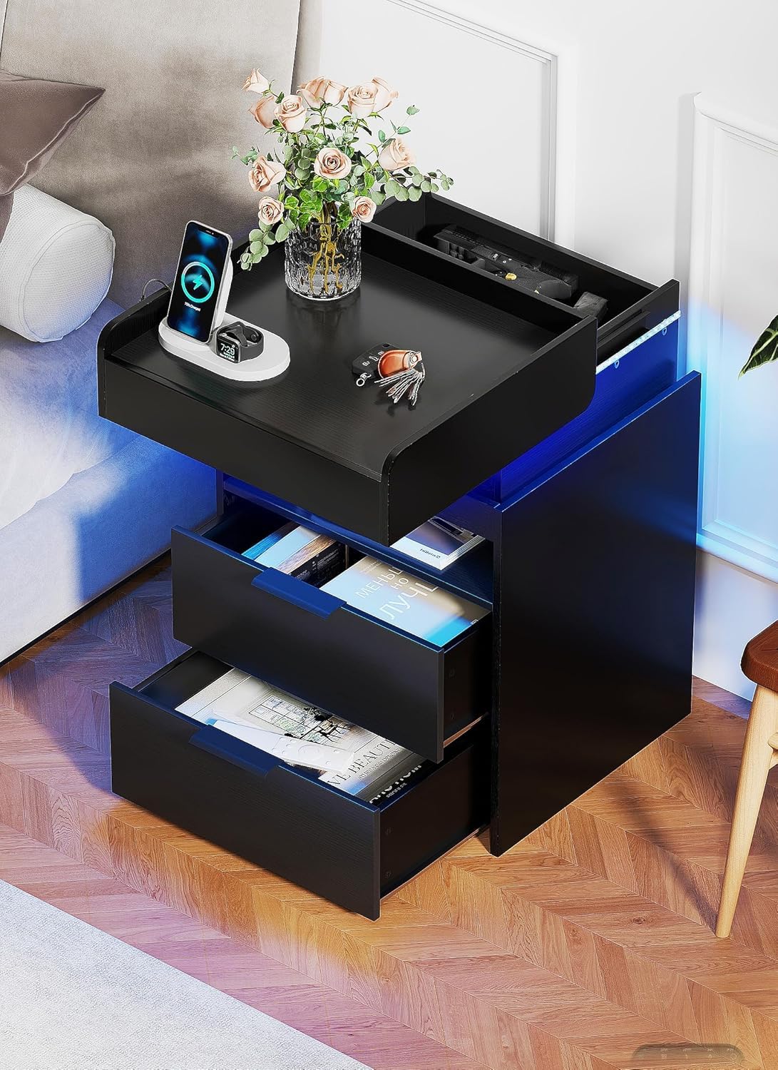 Photo 1 of **FOR PARTS ONLY** Turosur LED Night Stand with Gun Drawer, Smart Nightstand with Hidden Charging Station, Modern Beside Table with USB and Type-C Port End Table for Bedroom (Black)