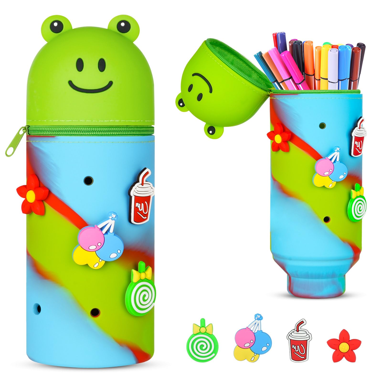 Vicloon Pencil Case, Frog DIY Hole Pencil Case in Soft Silicone, 2 in 1 Silicone Pouches Big Capacity Pencil Case and Desk Pen Holder, Retractable Capacity, Zipper Closure (Green)