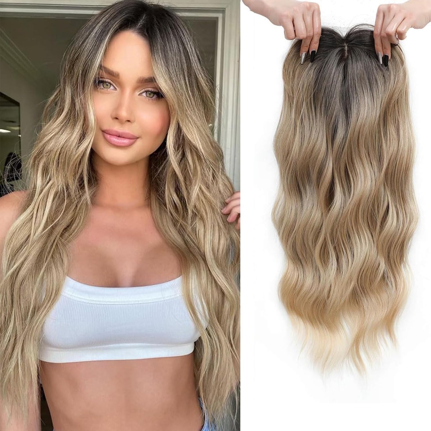 FINE PLUS Hair Topper 6.5"X6.5" Hair Toppers For Thinning Hair Women 20" Wiglets Ladies Clip in Fringe Toppers Clip in Hair Extension For Women - Ombre Dark Blonde