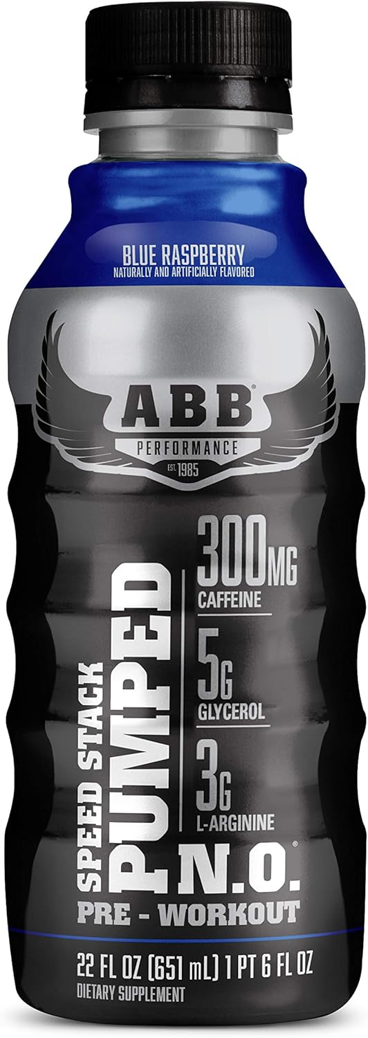 American Body Building (ABB) Speed Stack Pumped N.O, Pre-Workout Energy Shake, High Caffeine and Performance with Zero Sugar, Blue Raspberry Flavored, Ready to Drink 22 oz Bottles, 12 Count: Health & Personal Care
