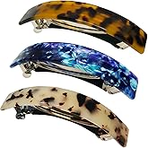HYFEEL Large French Barrettes for Women Fine Thick Hair, Classic Tortoise Shell Hair Clips Wide Curved Celluloid Ponytail Holder Clamp Fashion Hair Accessories Automatic Clasp Hairgrips 3 Pack