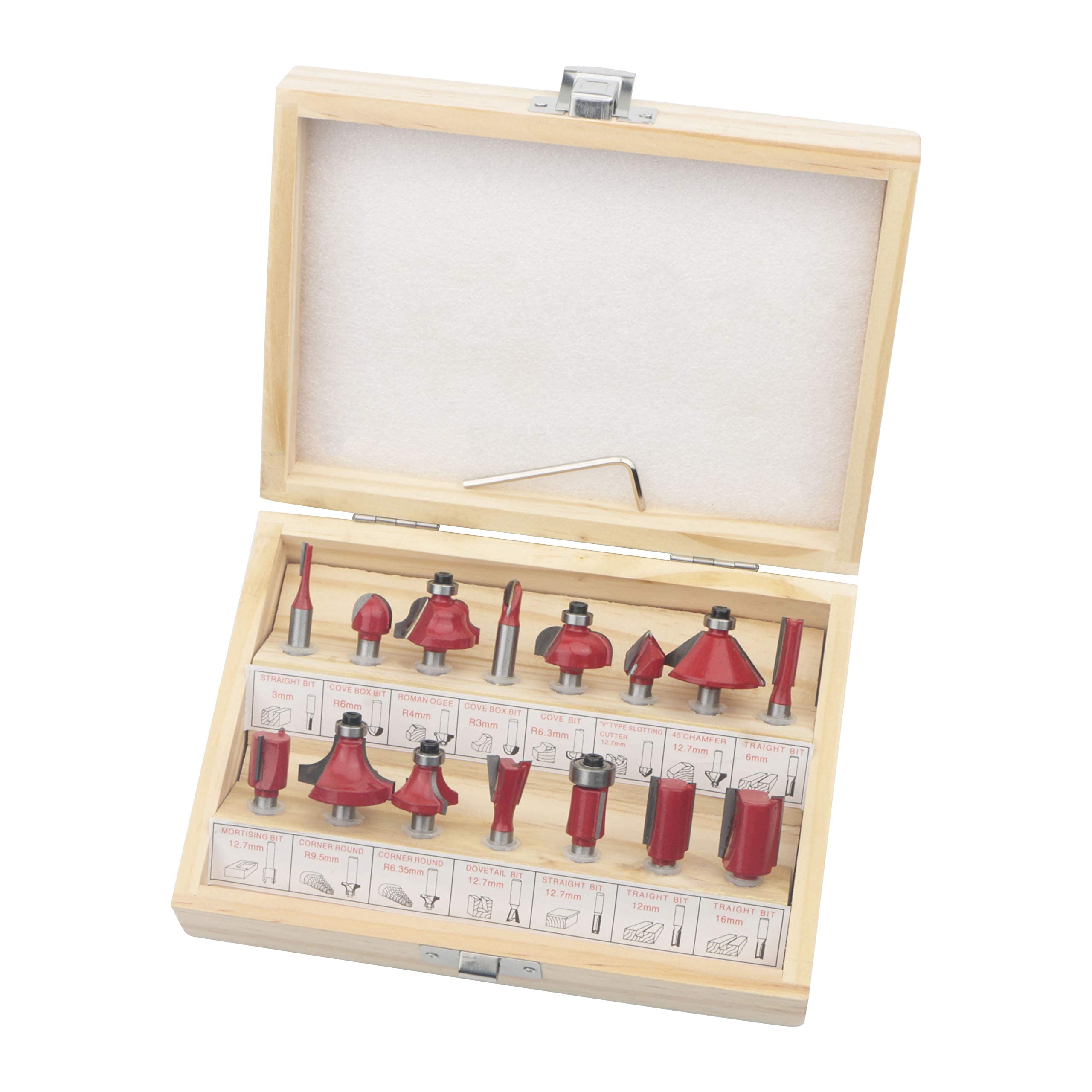 Rowiz 15 PCS Milling Cutter Router Bit Set 1/4 Inch 6.35mm Shank Milling Trimming Cutter Bits Wood Engraving Bits Set with Wrench and Wooden Index Box
