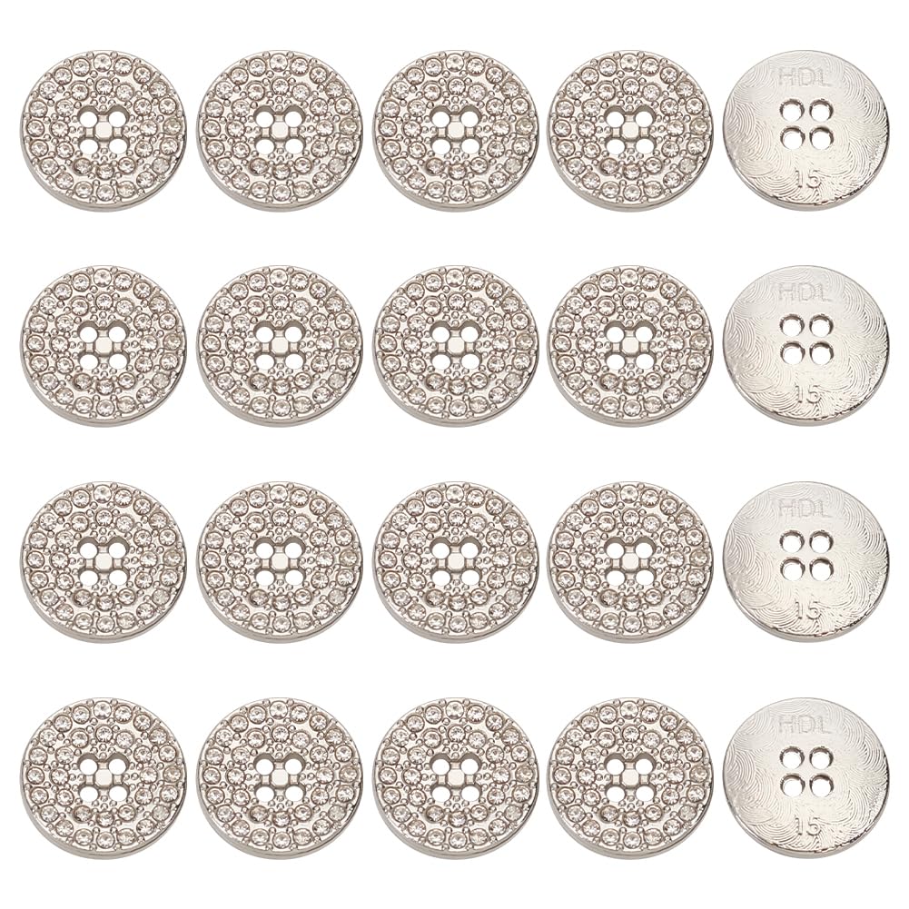 MAYJOYDIY 20pcs 15mm Silver Round Rhinestone Buttons, Alloy+Rhinestone Material, Perfect for DIY Crafts, Wedding Party Decoration