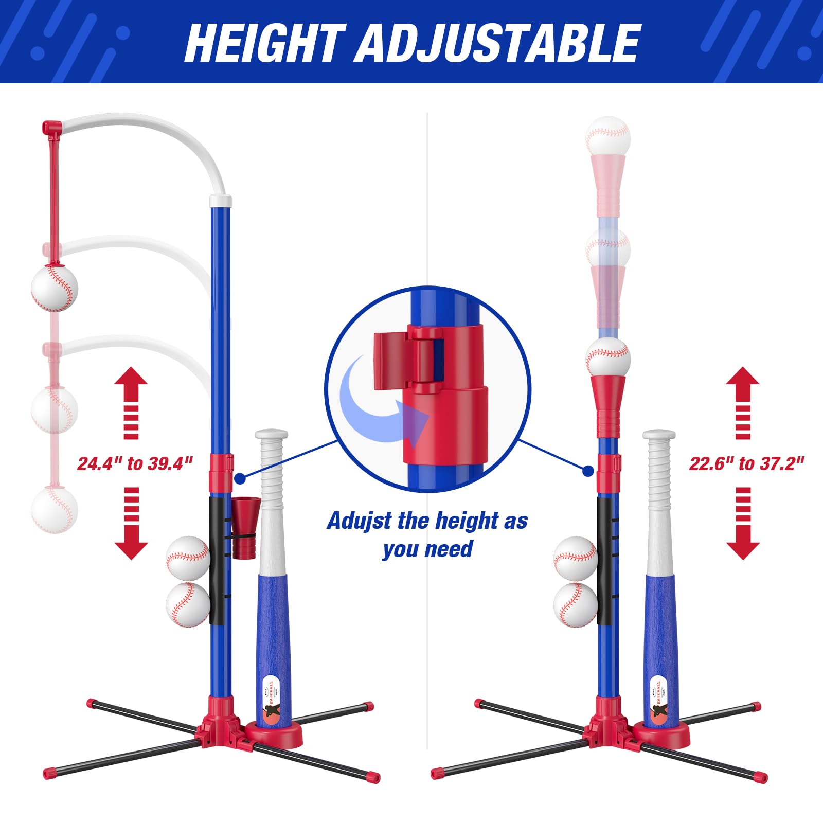3-in-1 Baseball Set for Kids 3-5 - Tee Ball Stand, Hanging Tee, Ball Launcher and 6 Softballs - Adjustable Height, Indoor/Outdoor Sport Gifts for Boys Girls, Blue