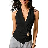 MakeMeChic Women's Old Money Vest Tops Wrap V Neck Blouse Sleeveless Tie Back Elegant Office Shirt