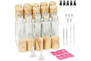 OMAWRF 10ml Essential Oil Roller Bottles Stainless Steel,15 Pack Clear Glass Roller Bottles with Bamboo Lids,5 Extra Roller Balls,5 Sprays,Opener,Funnels,Droppers,Brush&Labels 2 each(Clear-Bamboo Lid)