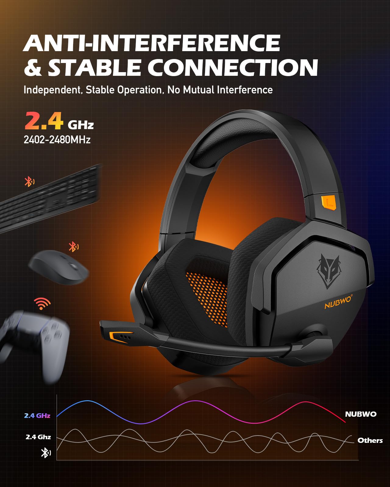 NUBWO G06 Dual Wireless Gaming Headset mit Mikrofon für PS5, PS4, PC, Mobile: 2.4 GHz Wireless + Bluetooth - 100 Stunden - 50mm -Treiber - Orange 2