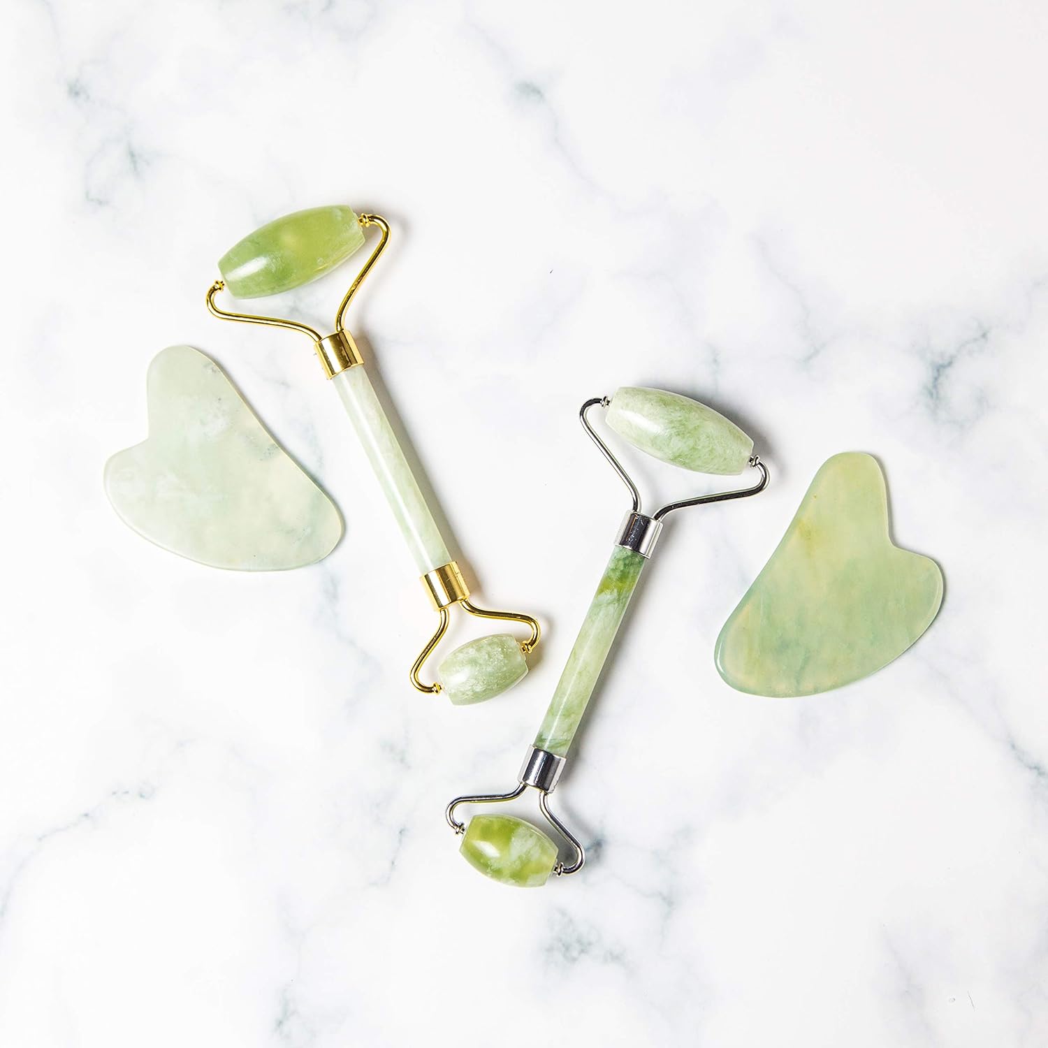 Jade Roller and Gua Sha Set - 100% Natural Jade Stone Face Roller, Dual Sided Massage Roller Stimulates Blood Flow, Relieves Stress, Reduces Signs of Aging, Travel Pouch Included, Gift Box: Beauty